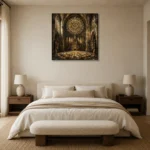 Stone & Muted Gold Rose Window Gothic Cathedral Wall Art Canvas Print showcased in an elegant minimalist interior