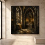 Charcoal, Weathered Stone & Muted Gold Gothic Cathedral Wall Art print for elegant interiors. No text or watermarks in design.