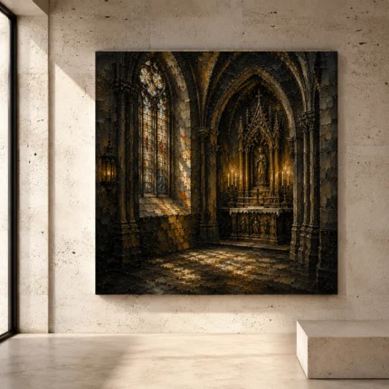 Charcoal, Weathered Stone & Muted Gold Gothic Cathedral Wall Art print for elegant interiors. No text or watermarks in design.