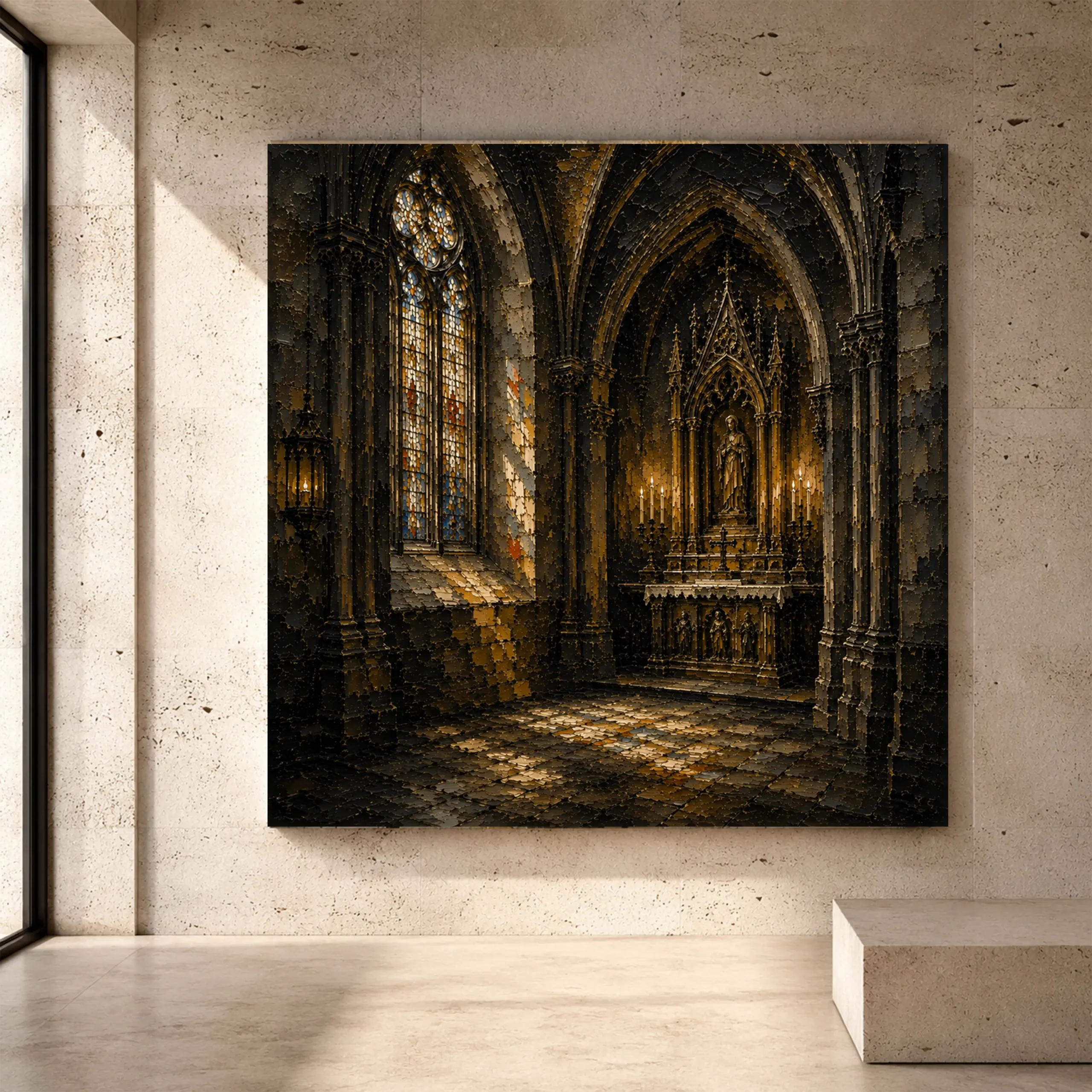 Premium Wall Art Kare Html Edition – GOTICWALL017 Image 1 Charcoal, Weathered Stone & Muted Gold Gothic Cathedral Wall Art print for elegant interiors. No text or watermarks in design.
