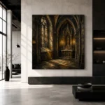 Charcoal & Muted Gold Side Chapel Gothic Cathedral Wall Art Canvas Print - Image 3