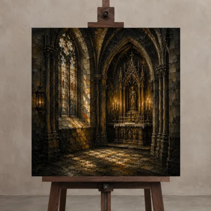 Charcoal & Muted Gold Side Chapel Gothic Cathedral Wall Art Canvas Print shown in Studio Easel