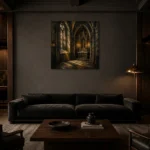 Charcoal & Muted Gold Side Chapel Gothic Cathedral Wall Art Canvas Print shown in a warm modern interior