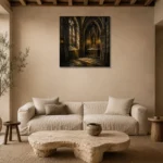 Charcoal & Muted Gold Side Chapel Gothic Cathedral Wall Art Canvas Print presented in a sophisticated home setting