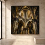 Pale Stone, Charcoal & Muted Gold Gothic Cathedral Wall Art print for elegant interiors. No text or watermarks in design.