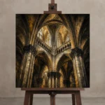 Pale Stone & Charcoal Ribbed Vault Gothic Cathedral Wall Art Canvas Print displayed on a studio easel