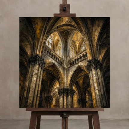 Pale Stone & Charcoal Ribbed Vault Gothic Cathedral Wall Art Canvas Print displayed on a studio easel