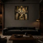 Pale Stone & Charcoal Ribbed Vault Gothic Cathedral Wall Art Canvas Print shown in a warm modern interior