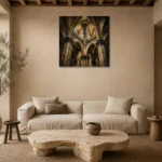 Pale Stone & Charcoal Ribbed Vault Gothic Cathedral Wall Art Canvas Print presented in a sophisticated home setting