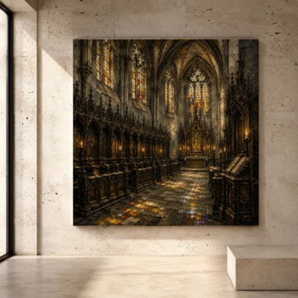 Stone Gray, Charcoal & Muted Gold Gothic Cathedral Wall Art print for elegant interiors. No text or watermarks in design.