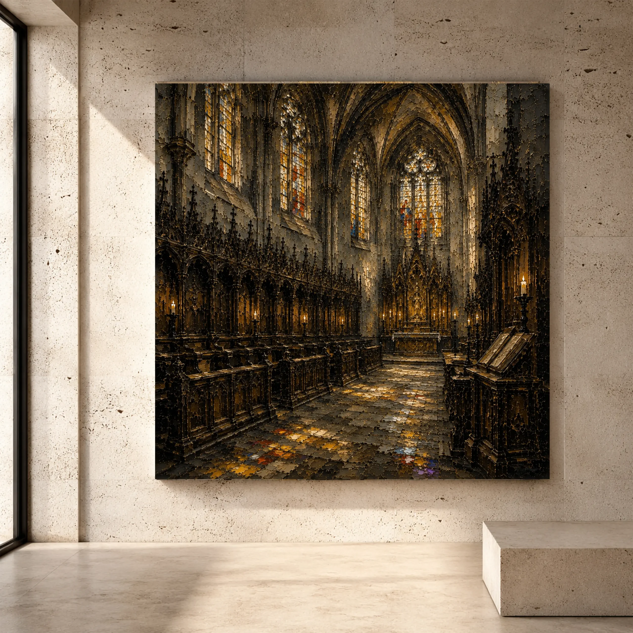 Premium Wall Art Kare Html Edition – GOTICWALL019 Image 1 Stone Gray, Charcoal & Muted Gold Gothic Cathedral Wall Art print for elegant interiors. No text or watermarks in design.