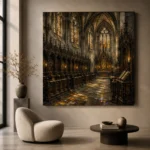 Stone Gray & Muted Gold Choir Gothic Cathedral Wall Art Canvas Print - Image 5