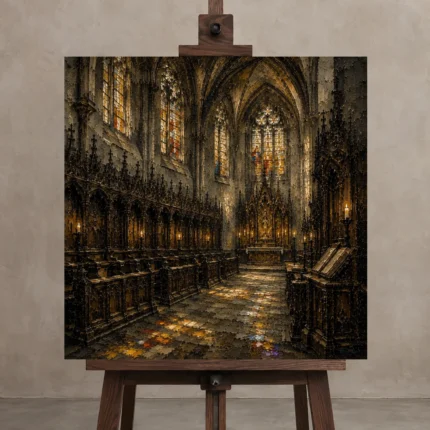 Stone Gray & Muted Gold Choir Gothic Cathedral Wall Art Canvas Print displayed on a studio easel