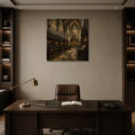 Stone Gray & Muted Gold Choir Gothic Cathedral Wall Art Canvas Print displayed in a contemporary gallery-inspired room