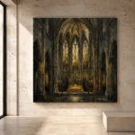 Deep Charcoal, Stone & Muted Gold Gothic Cathedral Wall Art print for elegant interiors. No text or watermarks in design.