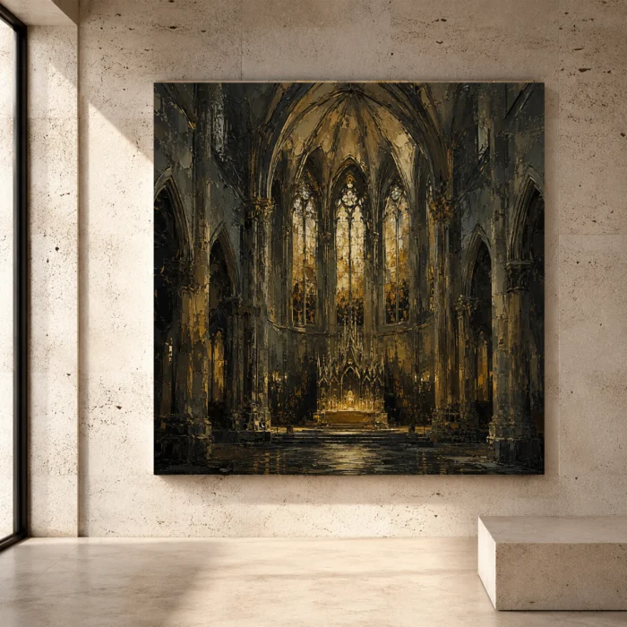 Deep Charcoal, Stone & Muted Gold Gothic Cathedral Wall Art print for elegant interiors. No text or watermarks in design.
