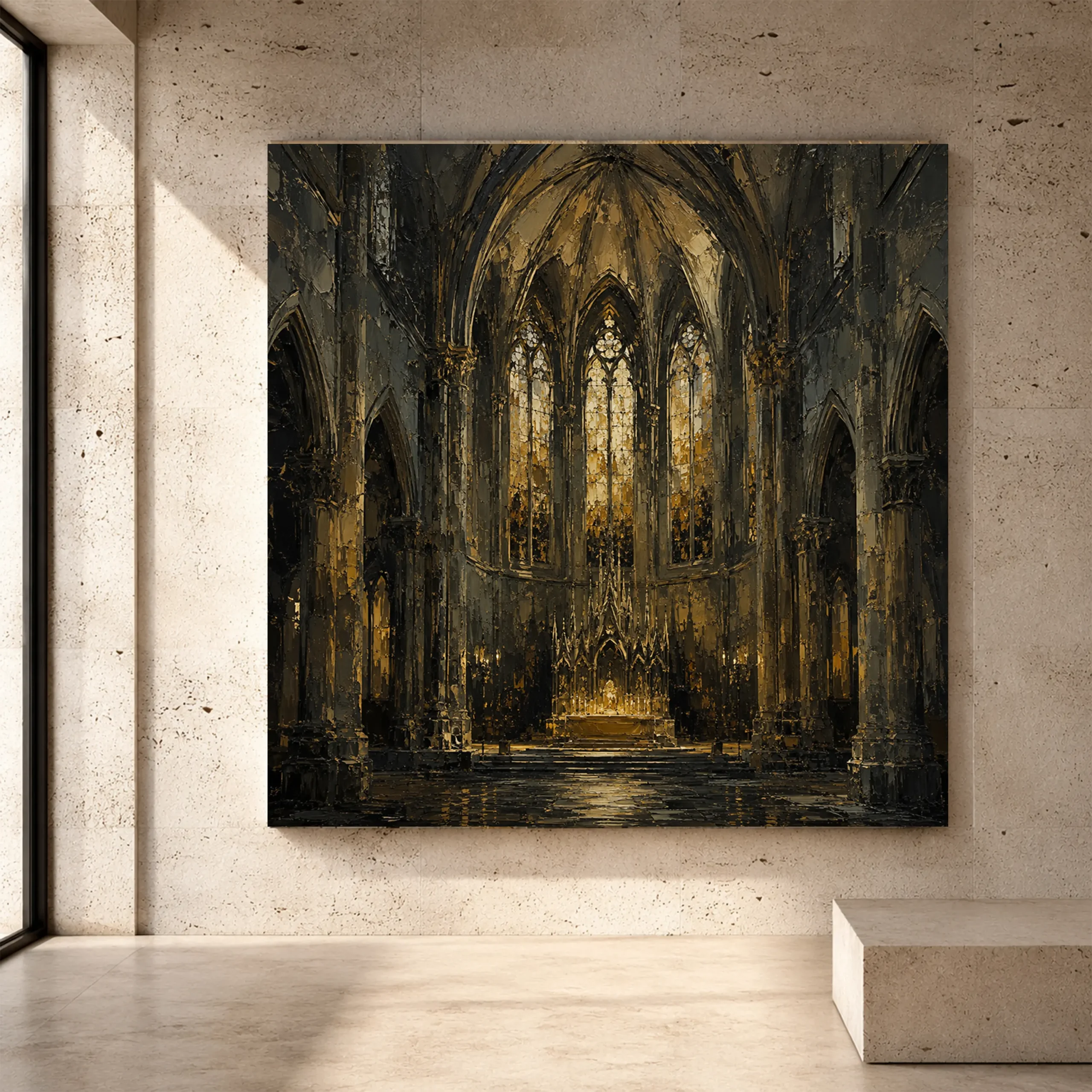 Premium Wall Art Kare Html Edition – GOTICWALL020 Image 1 Deep Charcoal, Stone & Muted Gold Gothic Cathedral Wall Art print for elegant interiors. No text or watermarks in design.