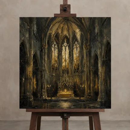 Deep Charcoal & Muted Gold Apse Gothic Cathedral Wall Art Canvas Print shown in Studio Easel