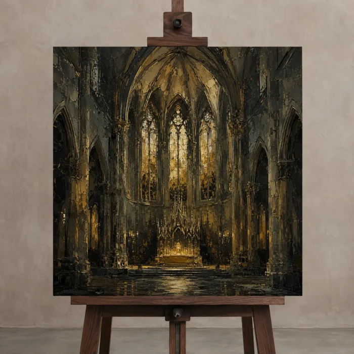 Deep Charcoal & Muted Gold Apse Gothic Cathedral Wall Art Canvas Print displayed on a studio easel