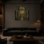 Deep Charcoal & Muted Gold Apse Gothic Cathedral Wall Art Canvas Print shown in a warm modern interior