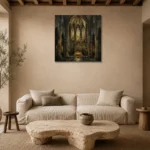 Deep Charcoal & Muted Gold Apse Gothic Cathedral Wall Art Canvas Print presented in a sophisticated home setting