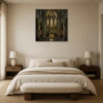 Deep Charcoal & Muted Gold Apse Gothic Cathedral Wall Art Canvas Print showcased in an elegant minimalist interior