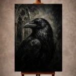 Black, charcoal gray, smoke gray, and ivory Raven Wall Art print for elegant interiors. No text or watermarks in design.
