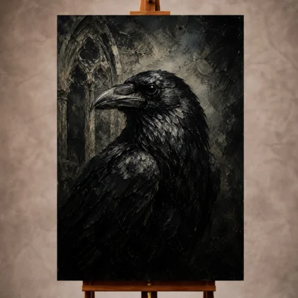 Black, charcoal gray, smoke gray, and ivory Raven Wall Art print for elegant interiors. No text or watermarks in design.