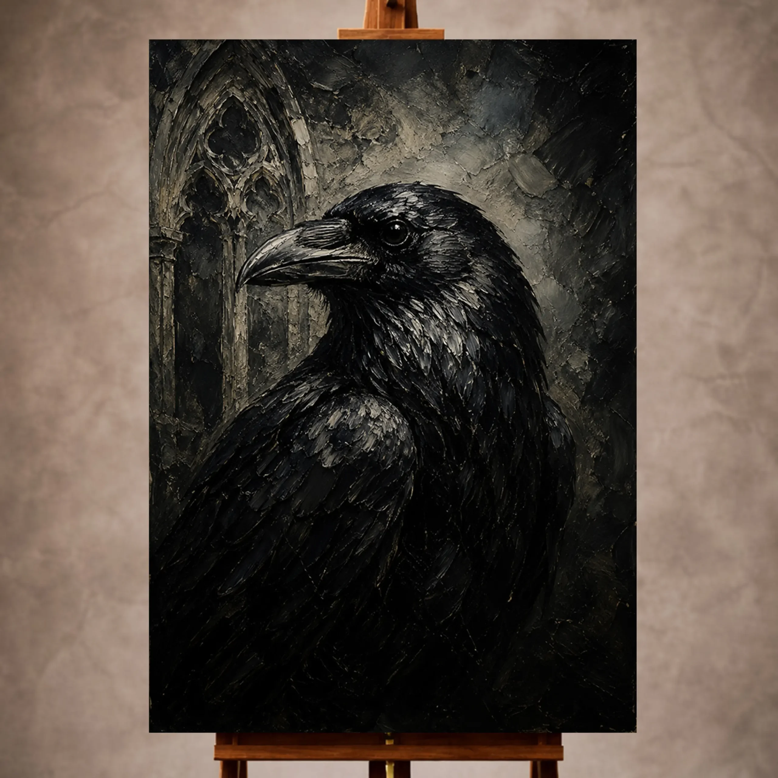 Premium Wall Art Dikey Html Edition – GOTICWALL021 Image 1 Black, charcoal gray, smoke gray, and ivory Raven Wall Art print for elegant interiors. No text or watermarks in design.