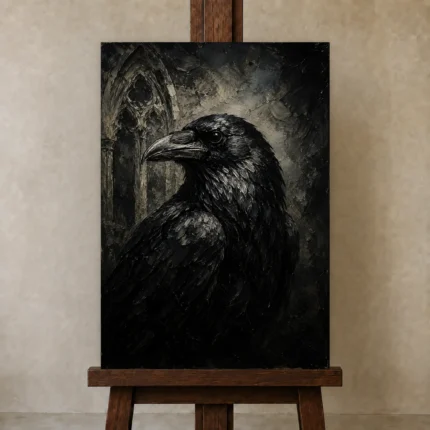 Black & Ivory Raven Gothic Wall Art Canvas Print shown in Studio Easel
