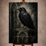 Matte black, cool gray, antique ivory, and deep ash Raven Wall Art print for elegant interiors. No text or watermarks in design.