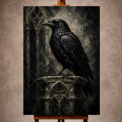 Matte black, cool gray, antique ivory, and deep ash Raven Wall Art print for elegant interiors. No text or watermarks in design.