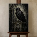 Matte Black Raven Gothic Wall Art Canvas Print displayed on a studio easel