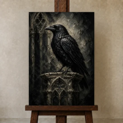 Matte Black Raven Gothic Wall Art Canvas Print shown in Studio Easel