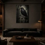 Matte Black Raven Gothic Wall Art Canvas Print shown in a warm modern interior