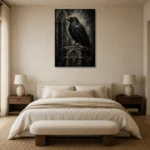 Matte Black Raven Gothic Wall Art Canvas Print showcased in an elegant minimalist interior