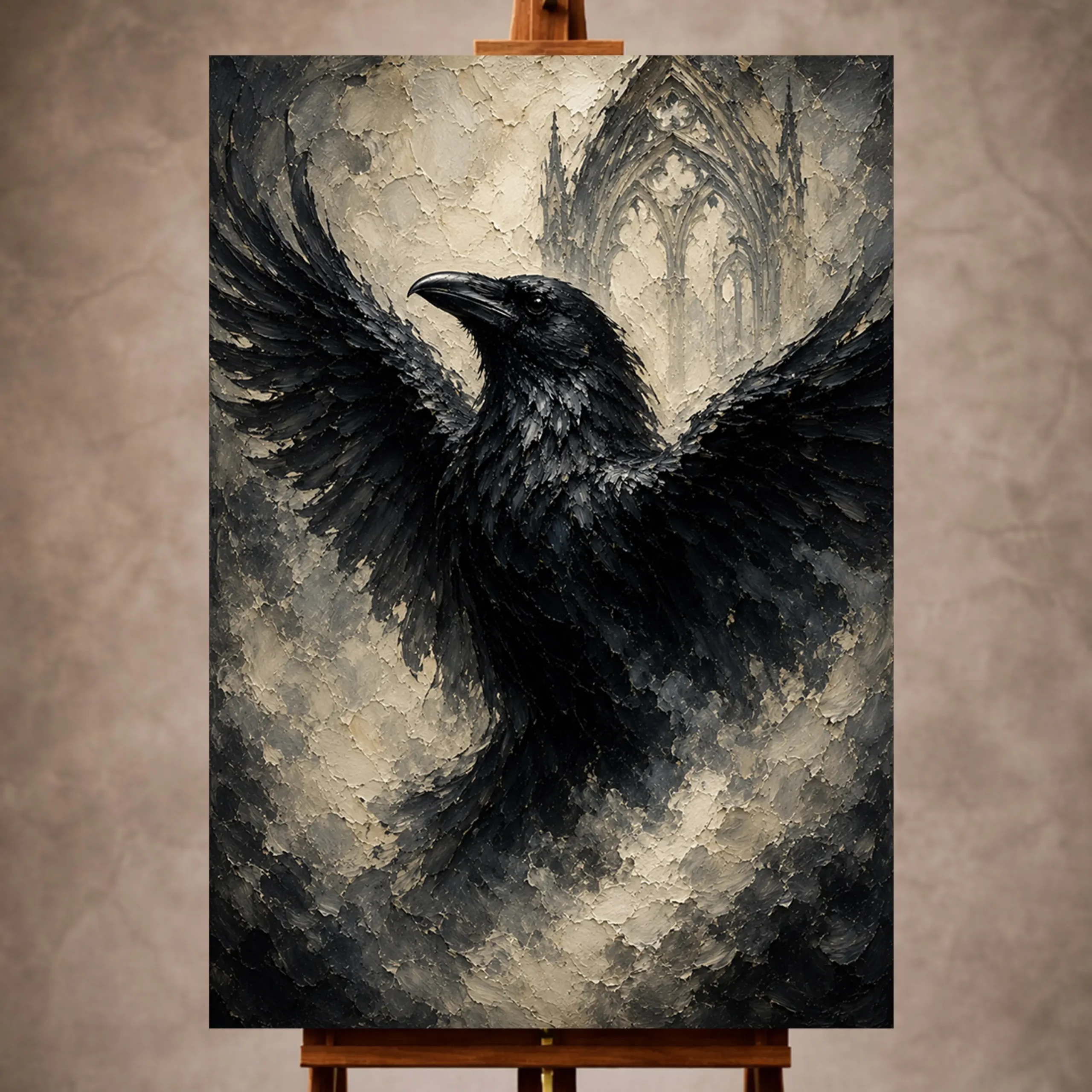 Premium Wall Art Dikey Html Edition – GOTICWALL023 Image 1 Black, pearl gray, soft ivory, and charcoal Raven Wall Art print for elegant interiors. No text or watermarks in design.