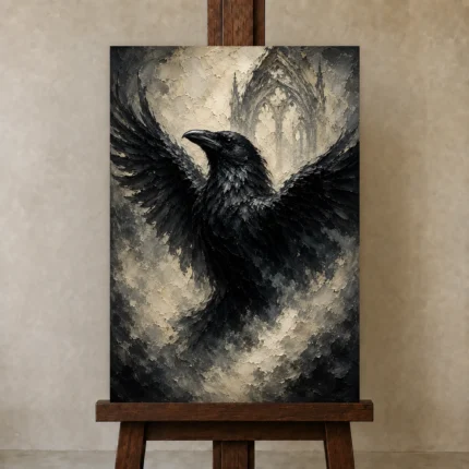 Pearl Gray Raven Gothic Wall Art Canvas Print shown in Studio Easel