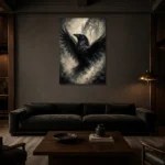 Pearl Gray Raven Gothic Wall Art Canvas Print shown in a warm modern interior