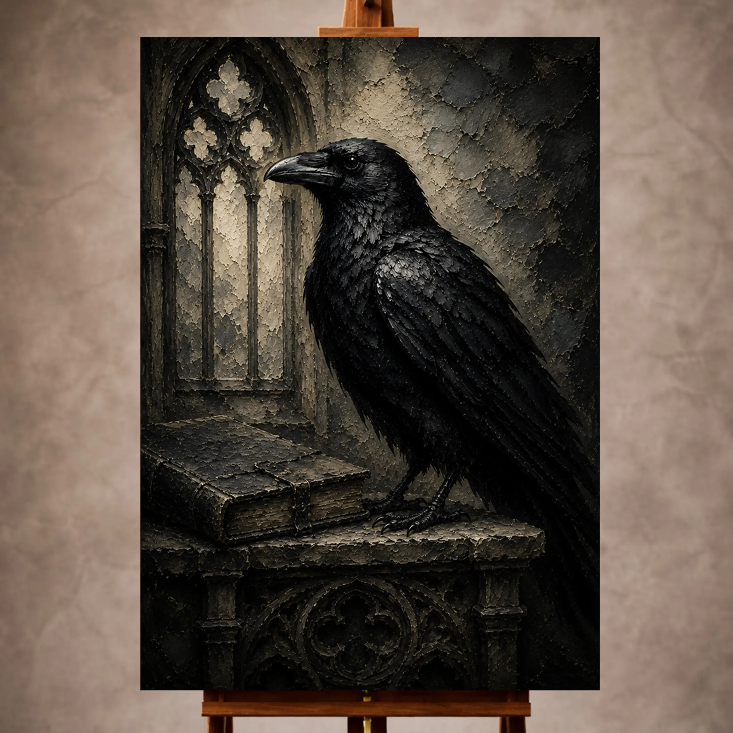 Premium Wall Art Dikey Html Edition – GOTICWALL024 Image 1 Black, graphite gray, weathered ivory, and muted stone gray Raven Wall Art print for elegant interiors. No text or watermarks in design.