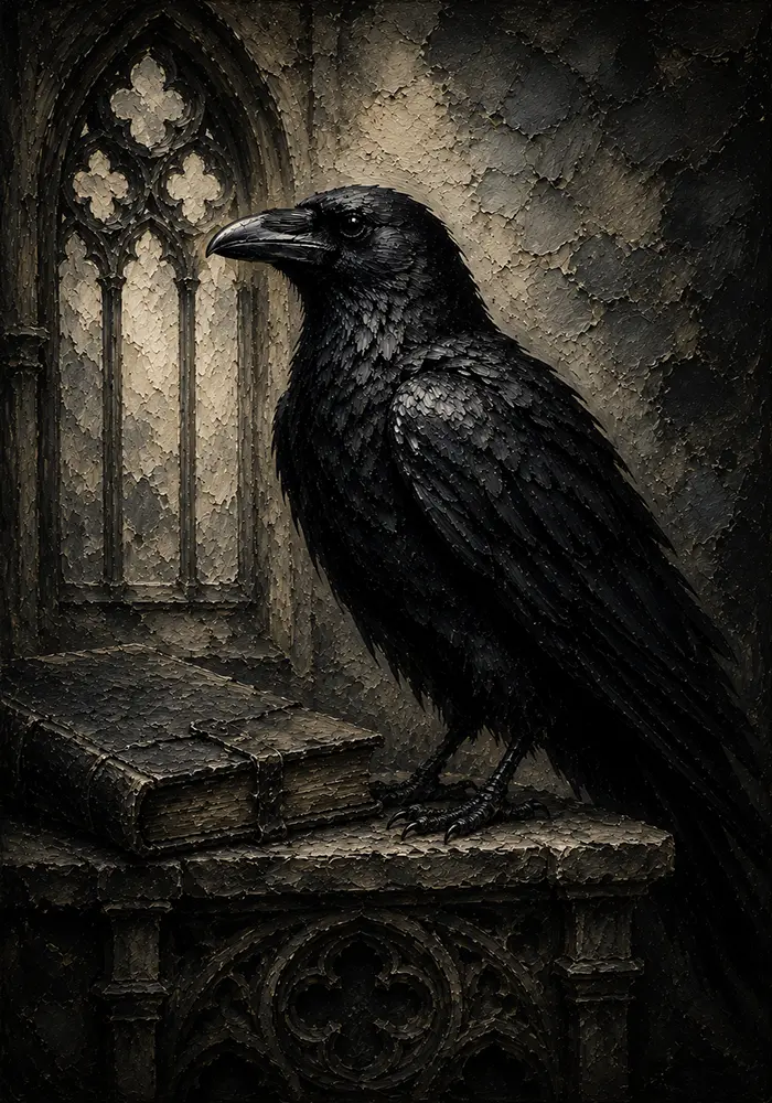 Graphite Gray Raven & Manuscript Gothic Wall Art Canvas Print