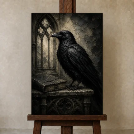 Graphite Gray Raven & Manuscript Gothic Wall Art Canvas Print shown in Studio Easel