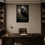 Graphite Gray Raven & Manuscript Gothic Wall Art Canvas Print displayed in a contemporary gallery-inspired room