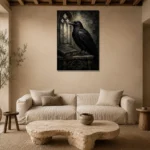 Graphite Gray Raven & Manuscript Gothic Wall Art Canvas Print presented in a sophisticated home setting