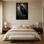 Graphite Gray Raven & Manuscript Gothic Wall Art Canvas Print showcased in an elegant minimalist interior