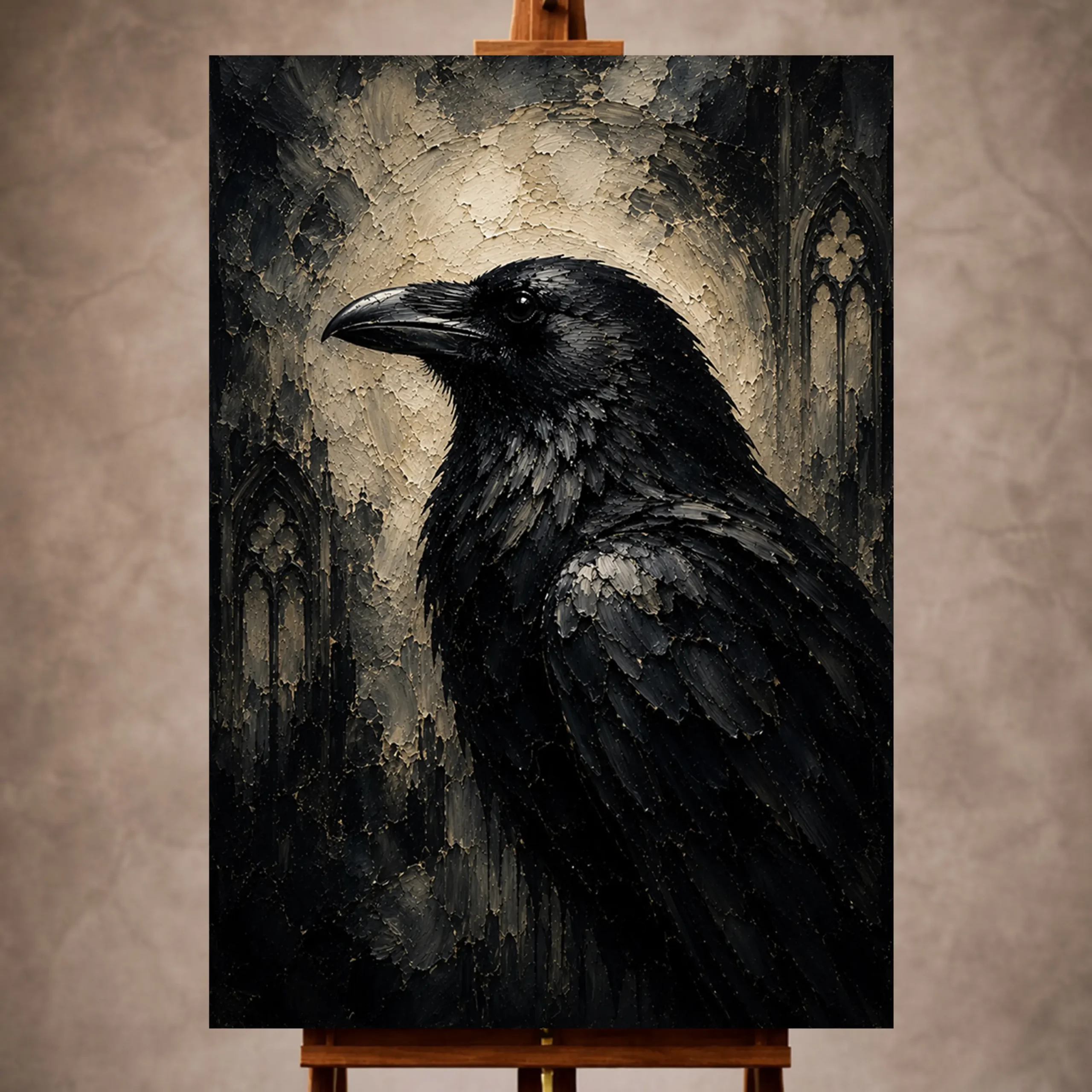 Premium Wall Art Dikey Html Edition – GOTICWALL025 Image 1 Black, slate gray, mist gray, and ivory Raven Wall Art print for elegant interiors. No text or watermarks in design.