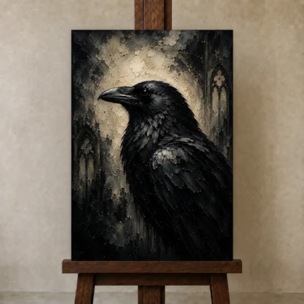 Slate Gray Raven Gothic Wall Art Canvas Print shown in Studio Easel