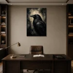 Slate Gray Raven Gothic Wall Art Canvas Print displayed in a contemporary gallery-inspired room