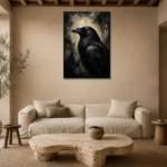 Slate Gray Raven Gothic Wall Art Canvas Print presented in a sophisticated home setting