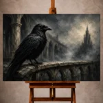 Black, slate gray, ash gray, and soft ivory Raven Wall Art print for elegant interiors. No text or watermarks in design.
